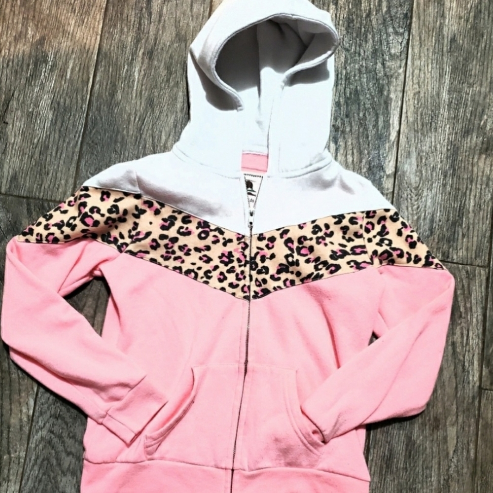 Girls L 10/12 Leopard/Pink Colorblock Full Zip Hoodie, nwot